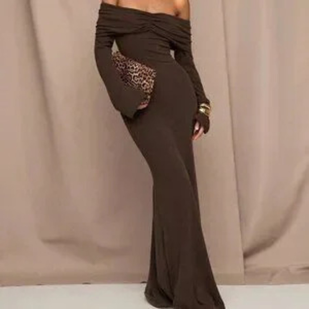 Coffee Elegant Women's Off-The-Shoulder Slim Maxi Dress